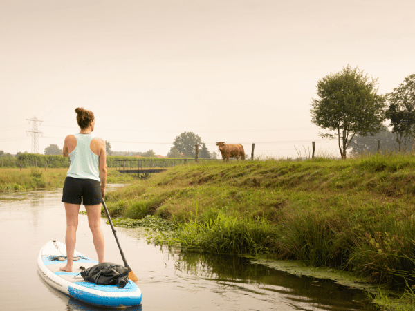 Vrouw is aan het suppen in een kanaal langs een weiland. 